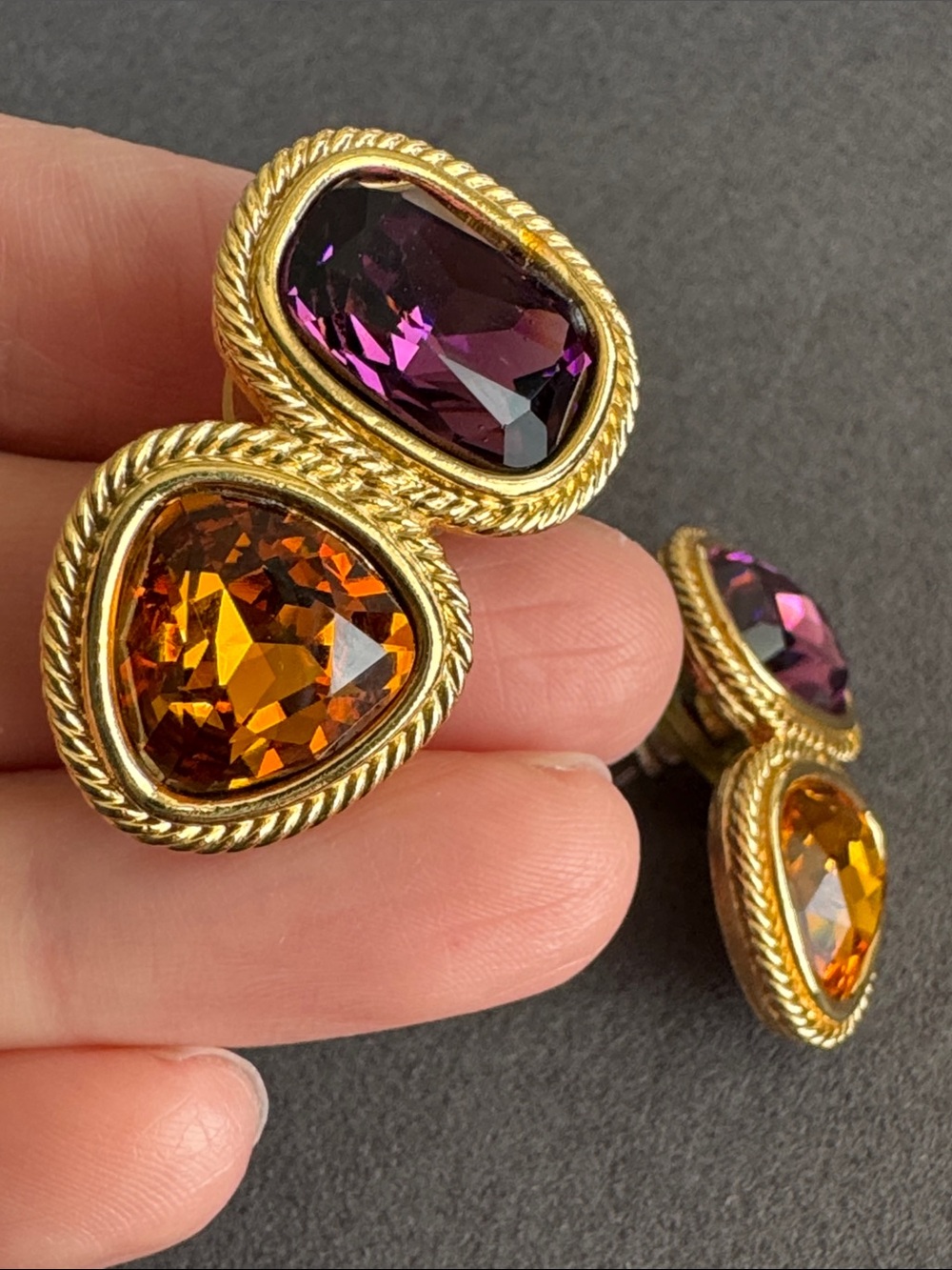 Vintage 1995 Napier Gold-Tone Earrings with Artificial Amethyst & Citrine